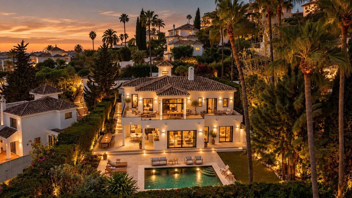 Luxury villa with pool, outdoor seating, and sunset view surrounded by palm trees