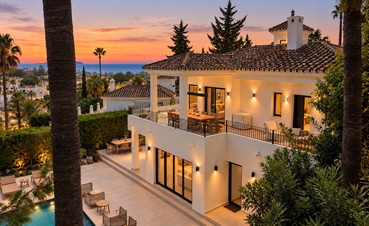 Luxury villa with ocean view, outdoor pool, and terrace at sunset