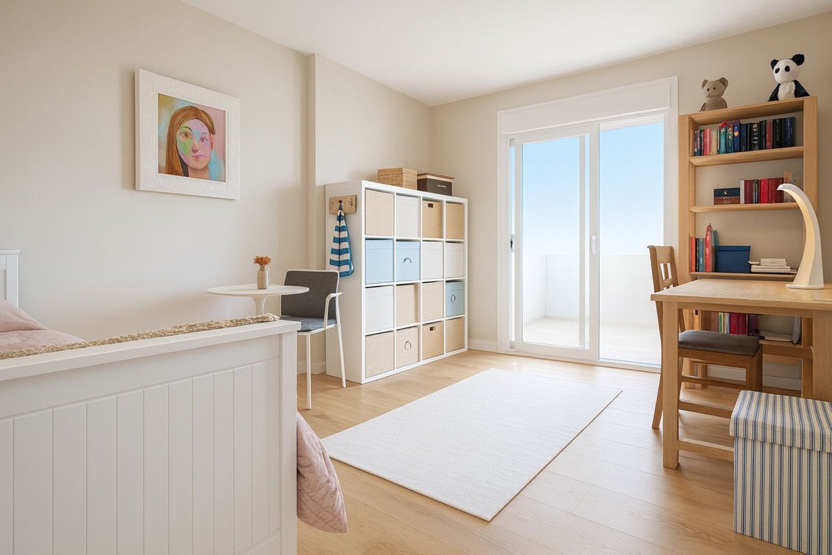 Bright bedroom with a bed, desk, storage shelves, and a sliding glass door leading to a balcony with a view of the sky.