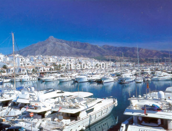 A picturesque marina filled with boats, white buildings, and a majestic mountain in the background under a clear blue sky.