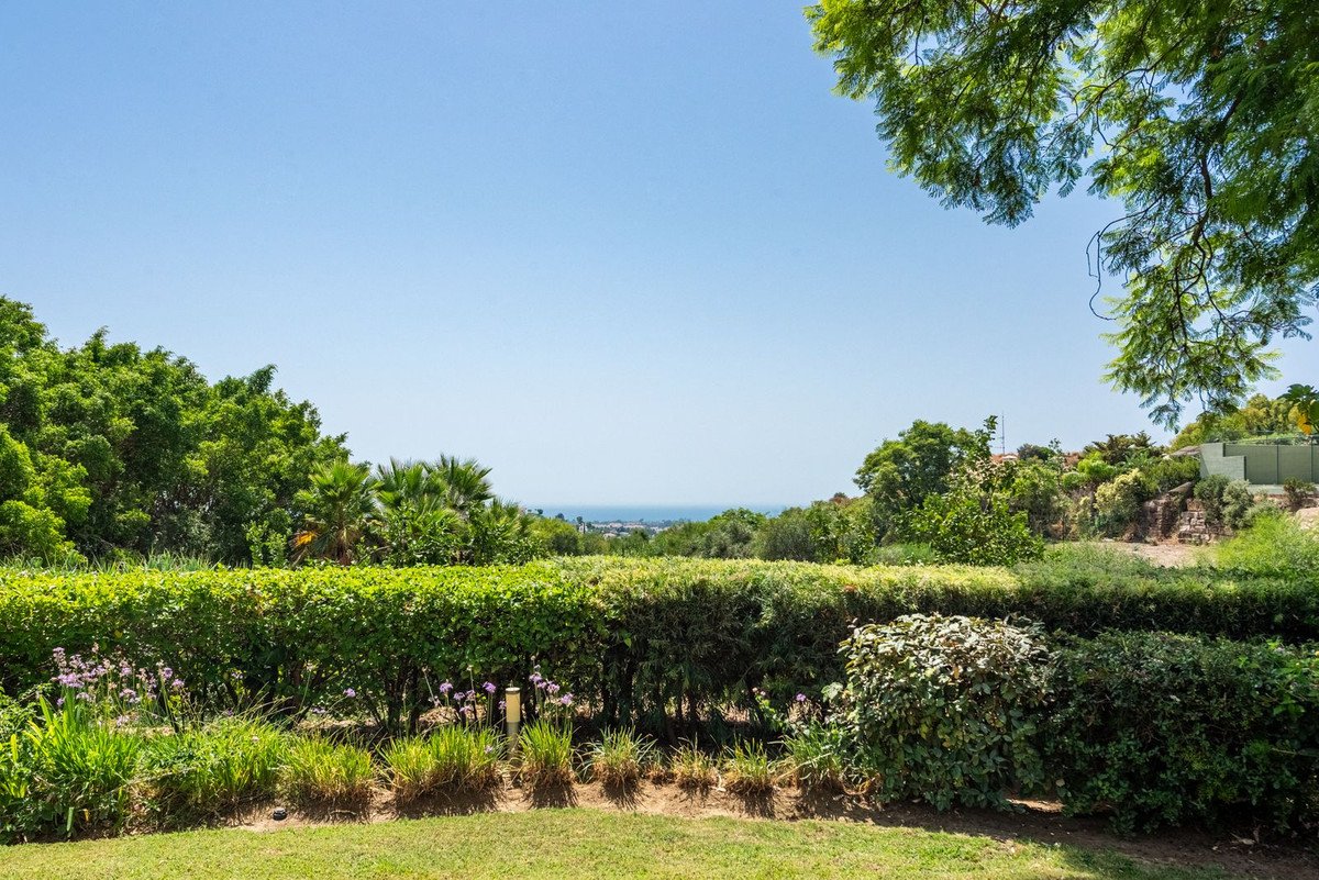 Lush green garden with hedges and flowers leading to a distant view of the sea under a clear blue sky.