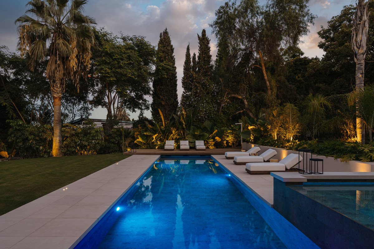 Backyard with swimming pool, lounge chairs, and tropical garden at dusk