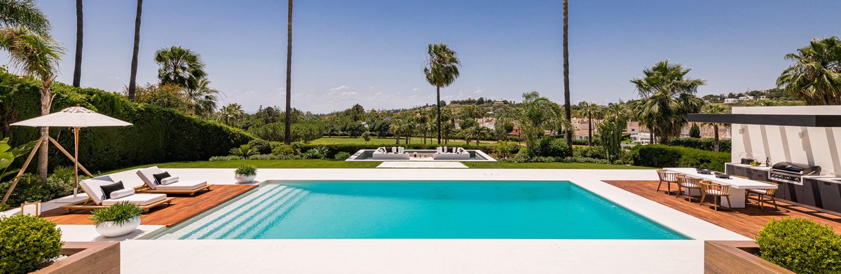 Modern pool with loungers, palm trees, and outdoor seating area