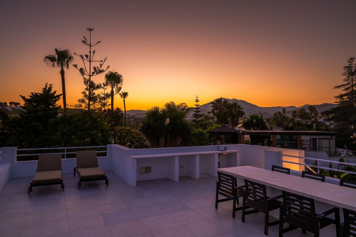 Rooftop terrace with sunset view, lounge chairs, dining table, and palm trees