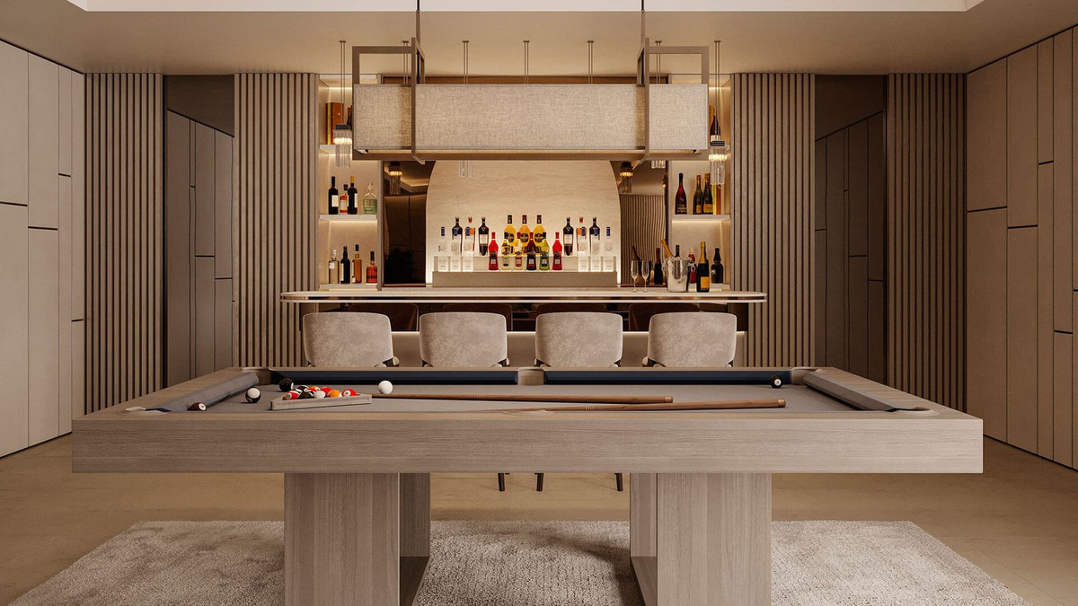 Luxe speelkamer met bar en biljarttafel