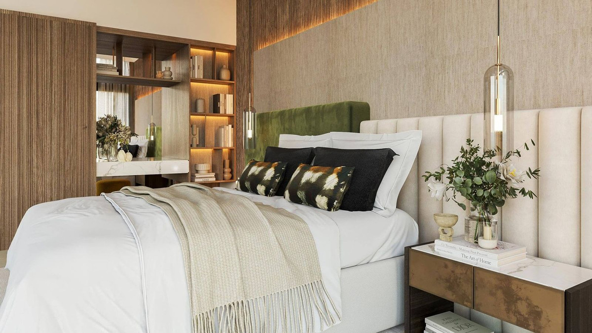 Stijlvolle slaapkamer interieur ontwerp met luxe bed en nachtkastje.