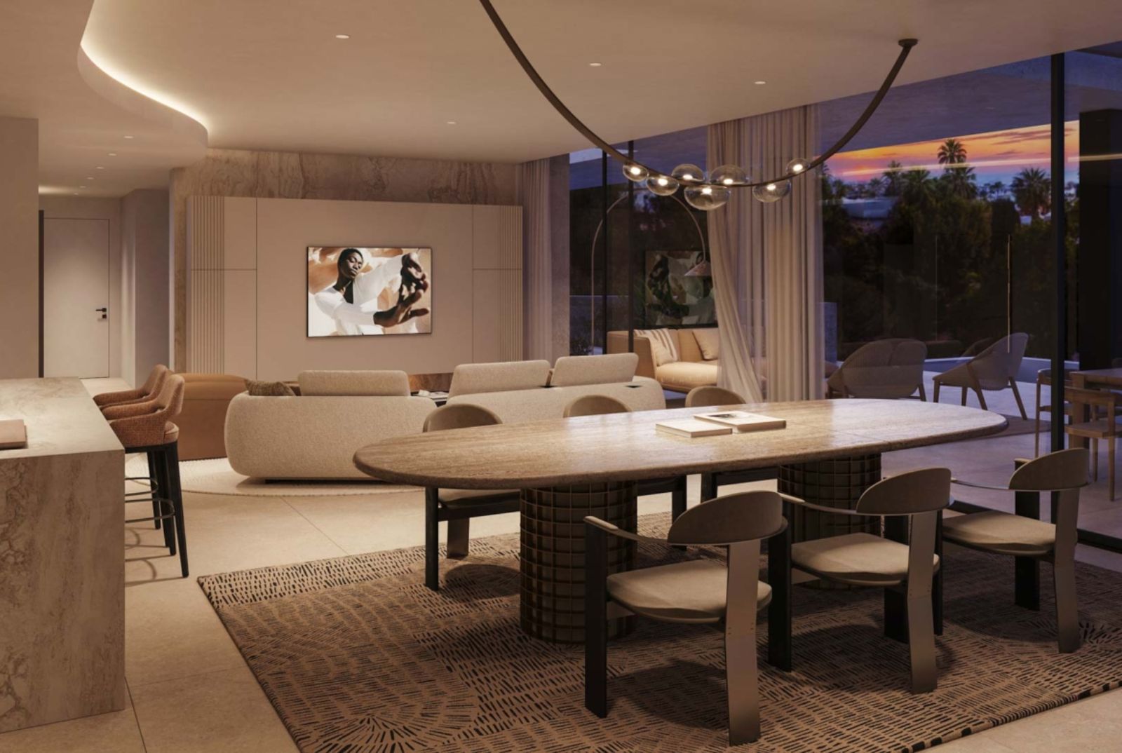 Luxe woonkamer met eettafel en uitzicht in Noura Villas Sky.