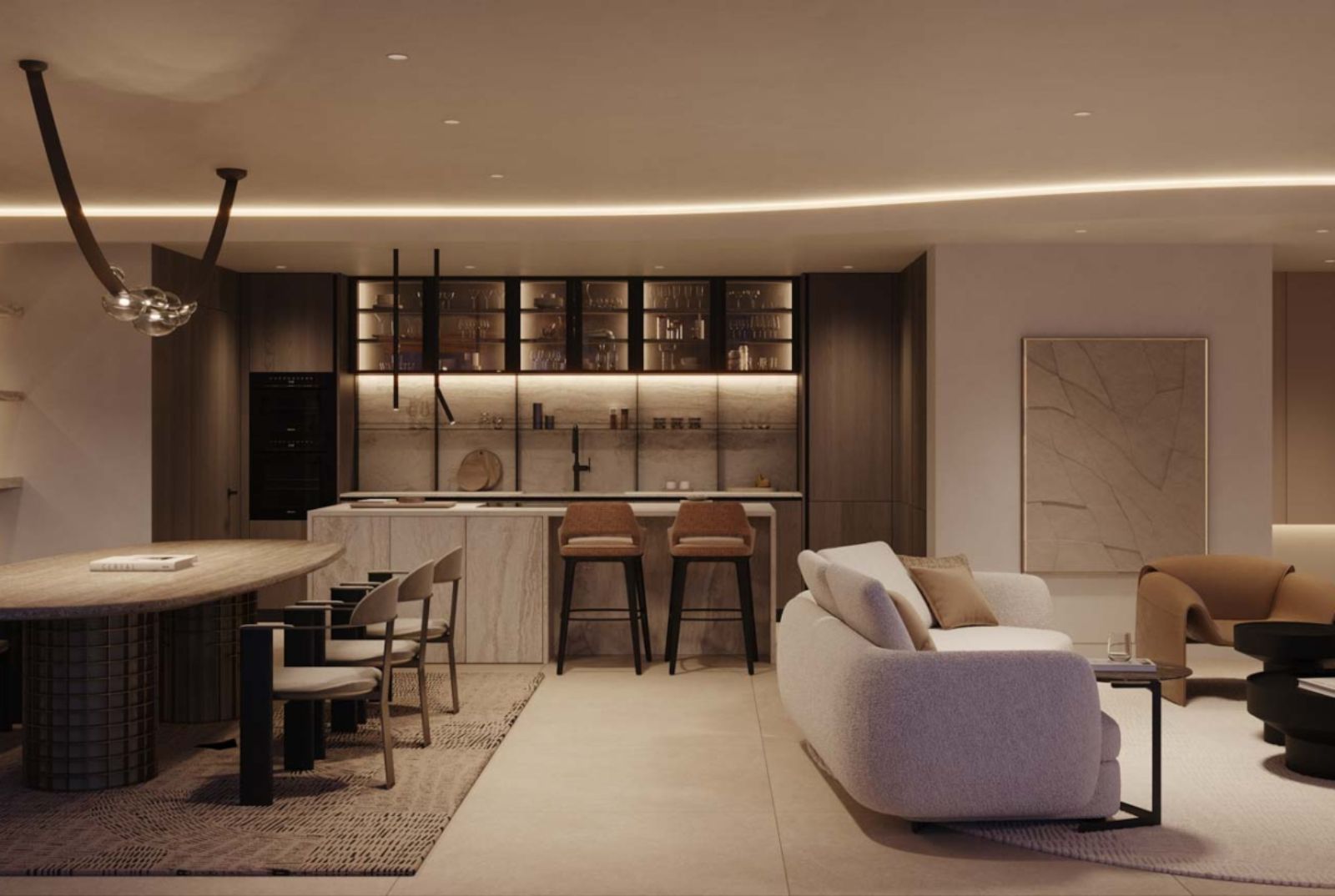 Moderne villa woonkamer met open keuken en luxe inrichting.