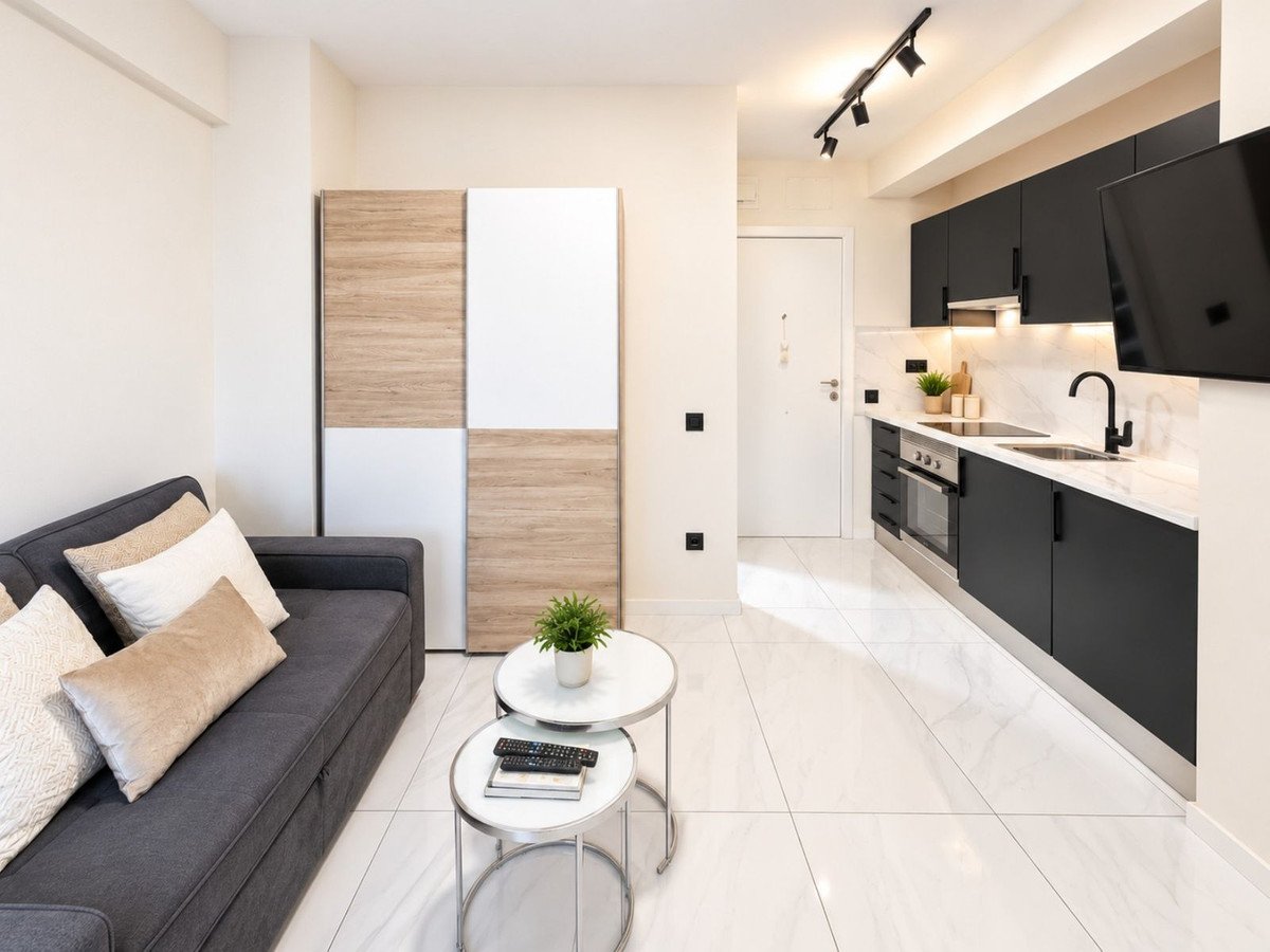 Modern studio with a grey sofa, a compact kitchen, and white marble floors. Features a TV and sleek black cabinets.