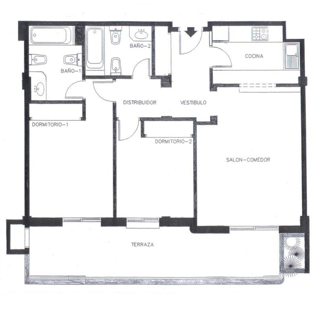 Floor plan of an apartment with two bedrooms, a living-dining area, kitchen, two bathrooms, and a terrace.