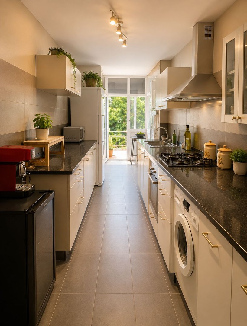 Modern galley kitchen with white cabinets, dark countertops, a washing machine, and a balcony with greenery visible through a large window.