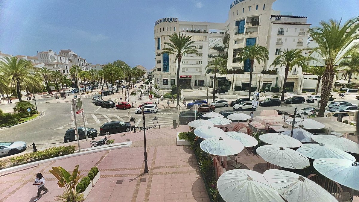 Street view with palm trees, outdoor seating, and modern buildings