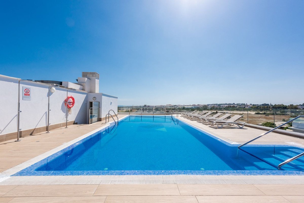 A clear blue swimming pool on a rooftop terrace with sun loungers and a distant view of buildings under a bright blue sky.