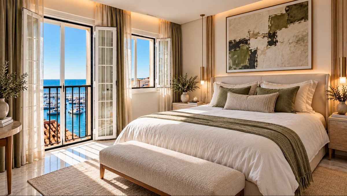 Luxurious bedroom with a large bed, open balcony doors revealing a stunning sea view with yachts in the harbor.