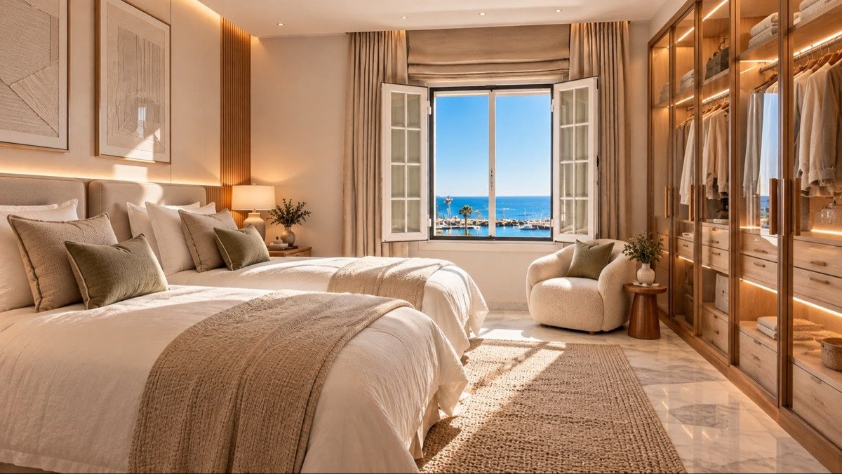 Bright bedroom with two beds, sea view through open windows, and a large illuminated walk-in closet.