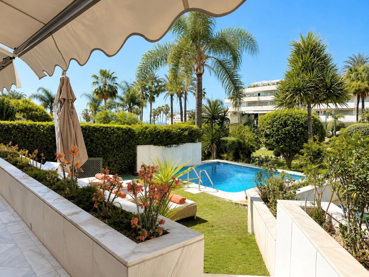 Luxurious swimming pool surrounded by tropical garden and lounge chairs