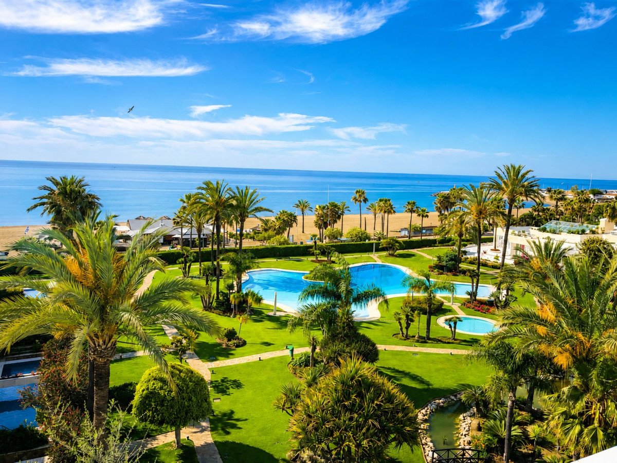 Beach view with pool area surrounded by palm trees and ocean in the background