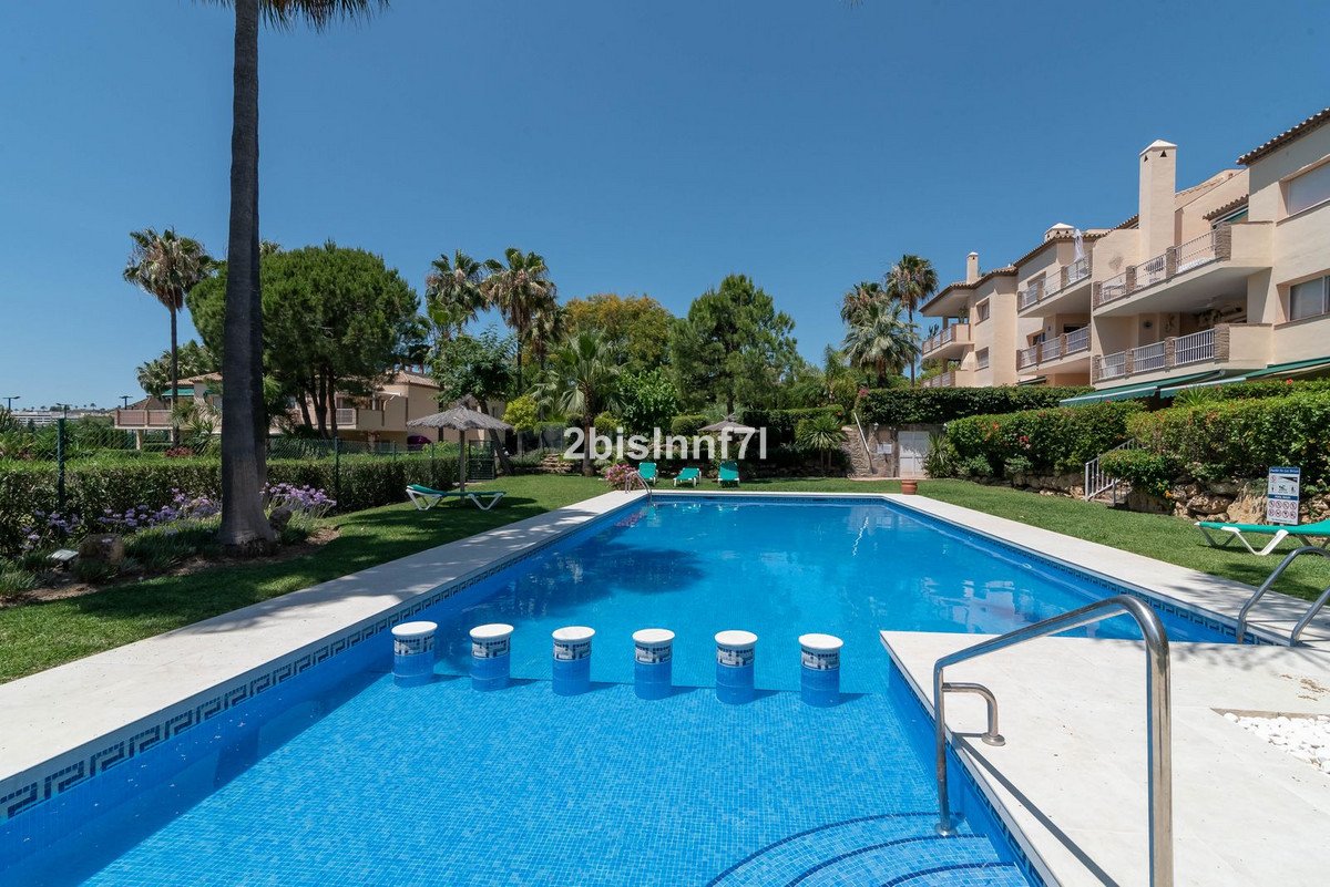 A bright blue communal swimming pool with swim-up bar stools, surrounded by green lawn, palm trees, and apartment buildings.