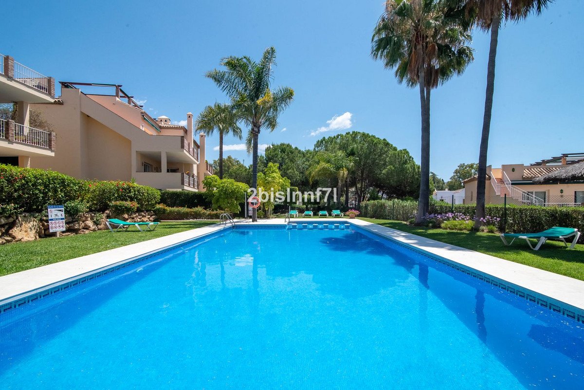 A bright blue swimming pool with lounge chairs and palm trees, surrounded by green grass and buildings.