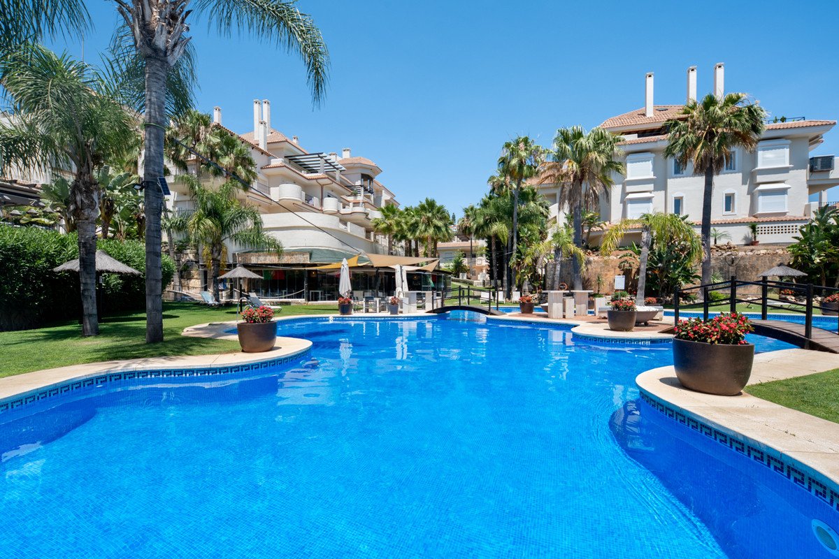 Large swimming pool surrounded by palm trees and luxury apartments