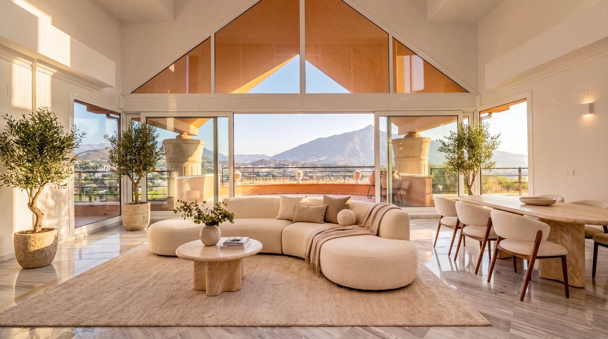 Modern living room with a curved sofa, dining table, and panoramic mountain views from the balcony.