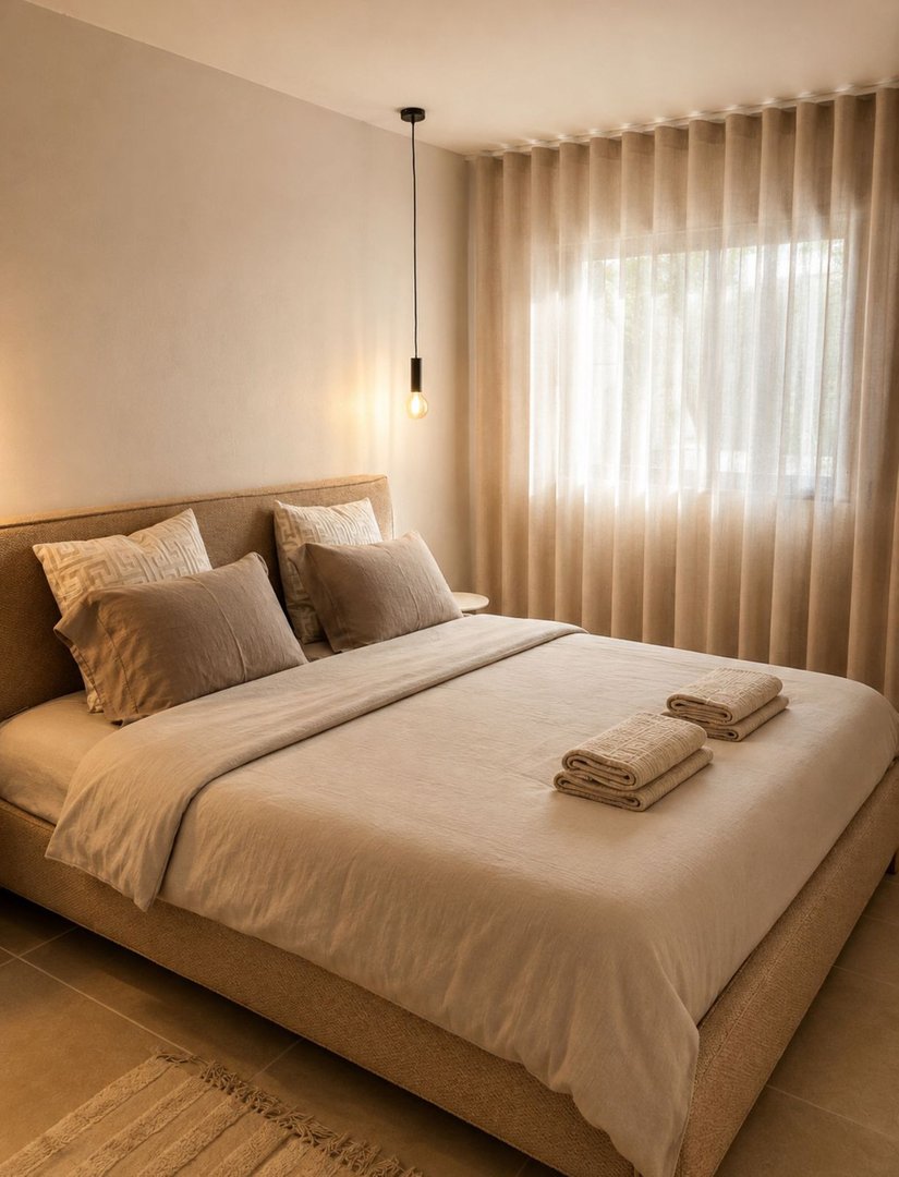A neutral-toned bedroom with a king-size bed, soft linens, and abundant natural light streaming through sheer curtains.