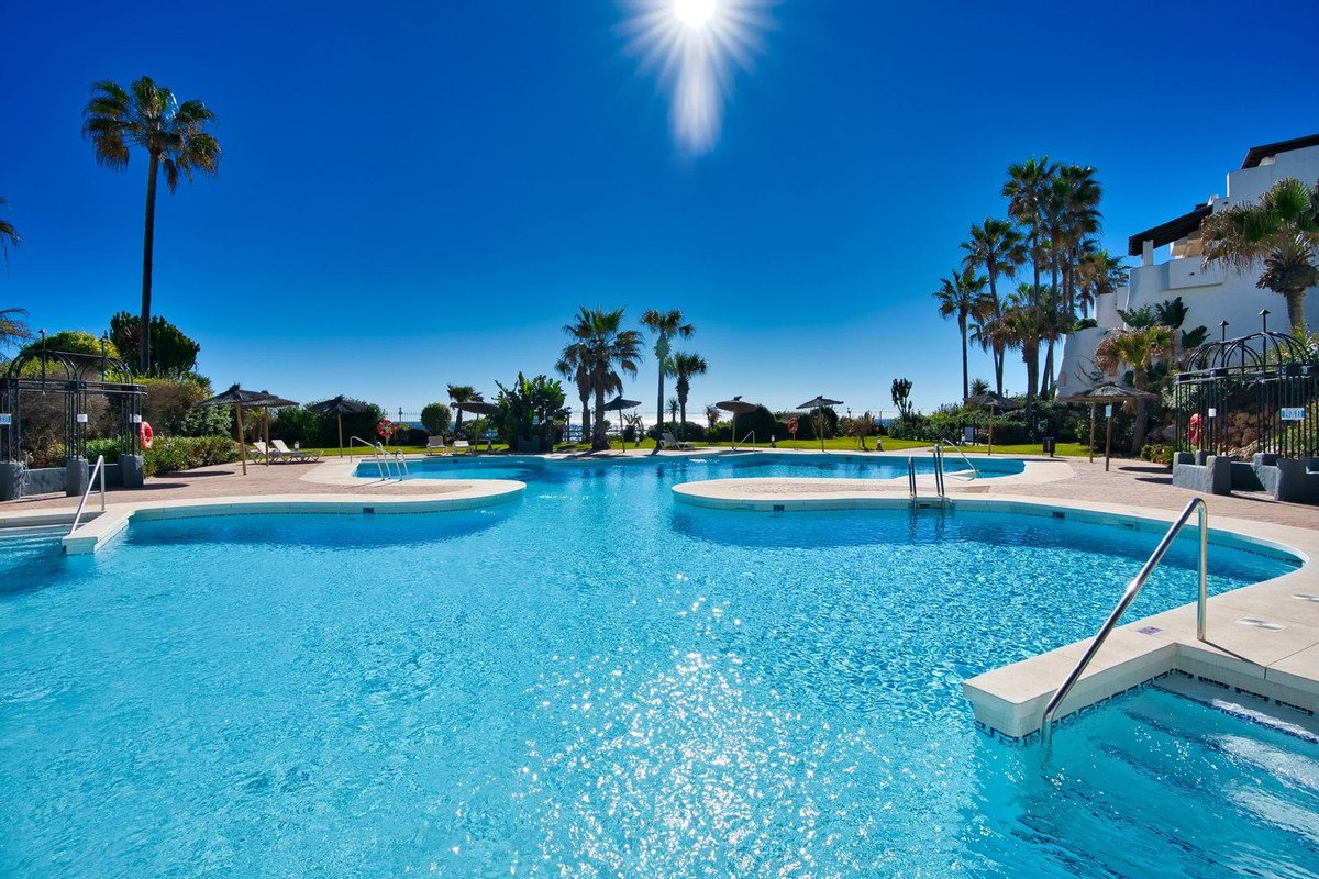 Resort swimming pool with palm trees and loungers, offering a sea view under a bright sunny sky.