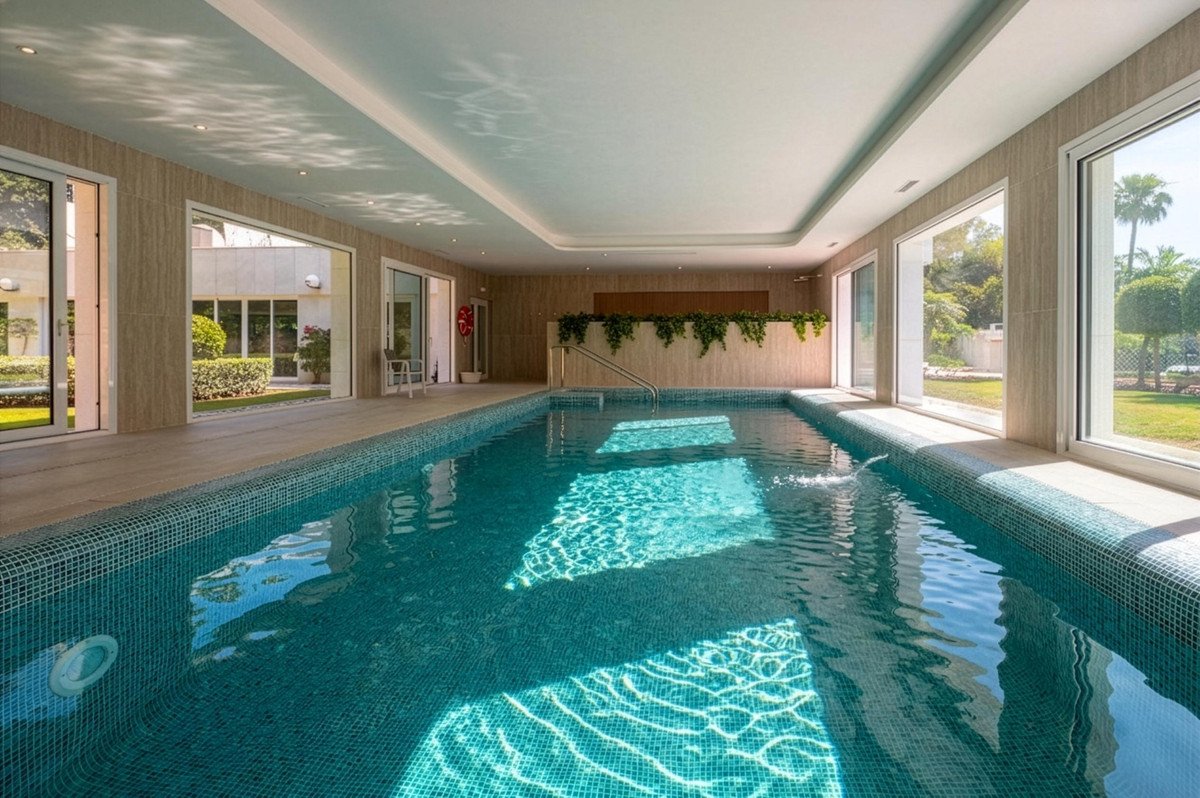 Indoor pool with natural light, large windows, and greenery view.