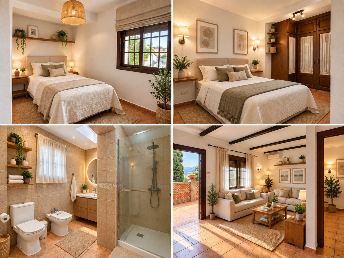 Comfortable bedrooms, modern bathroom, and a spacious living room with a terrace overlooking a scenic view.