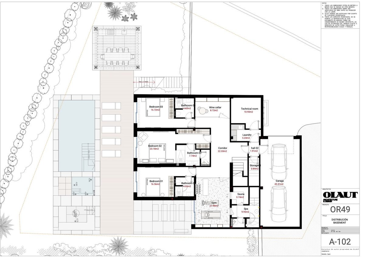 Basement floor plan with three bedrooms, gym, spa, technical room, laundry, garage, and an outdoor pool area.