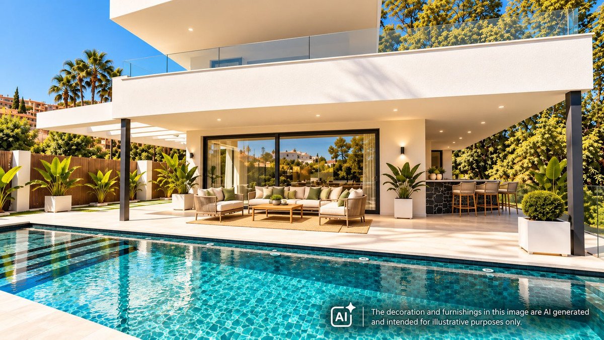 Modern luxury villa with a swimming pool, outdoor seating area, and a bar, overlooking a scenic landscape.