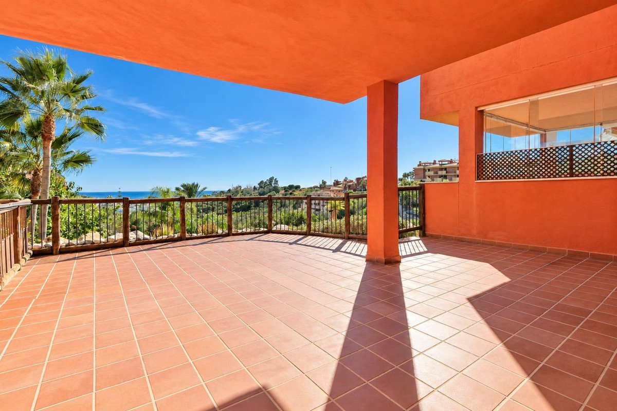 Orange-tiled terrace with sea view, palm trees, and clear blue sky.