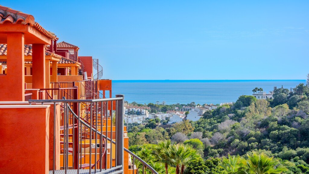 Apartment balcony with sea view and palm trees in the foreground