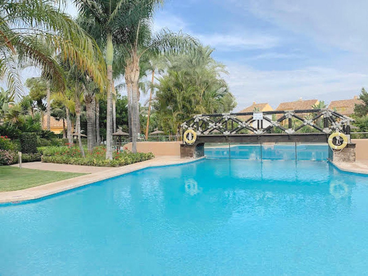 A swimming pool with a decorative bridge, surrounded by palm trees and greenery.