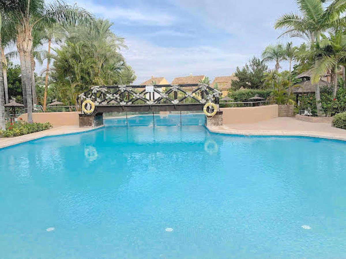 Large swimming pool with a decorative bridge and palm trees surrounding it