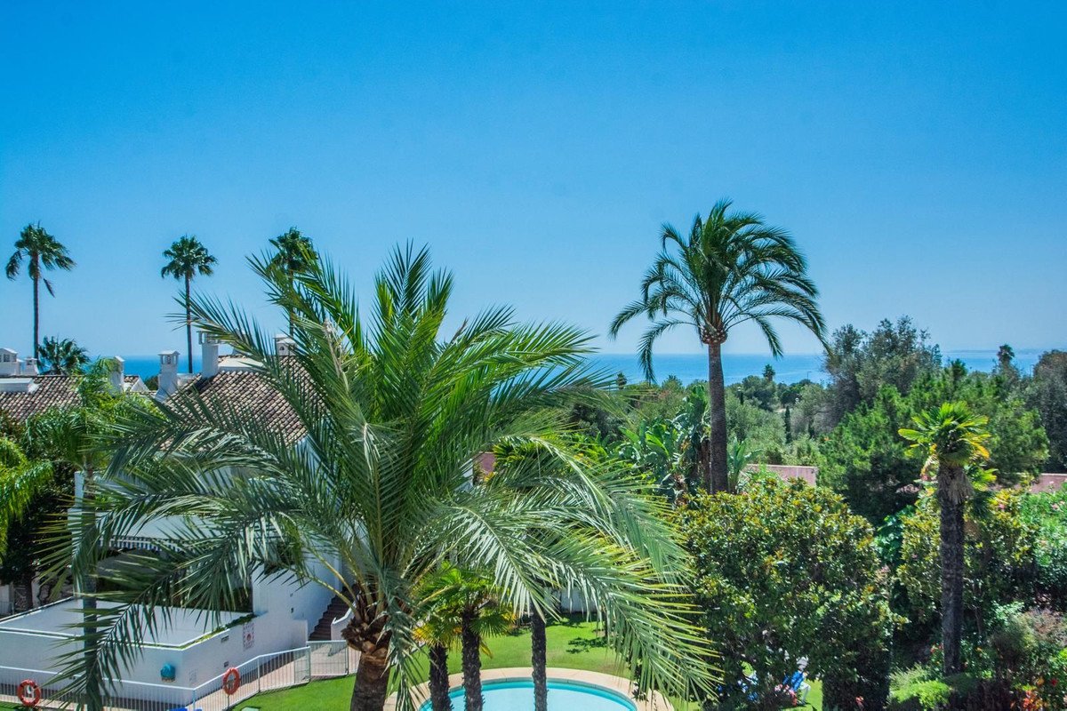 Balcony view of a swimming pool and lush greenery with palm trees overlooking the sea on a clear day.