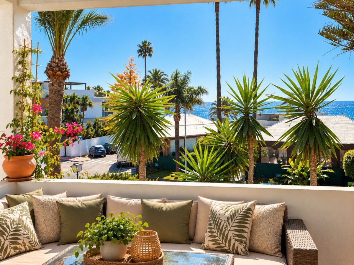 Comfortable terrace with sea view, surrounded by palm trees and blooming flowers, perfect for relaxation.