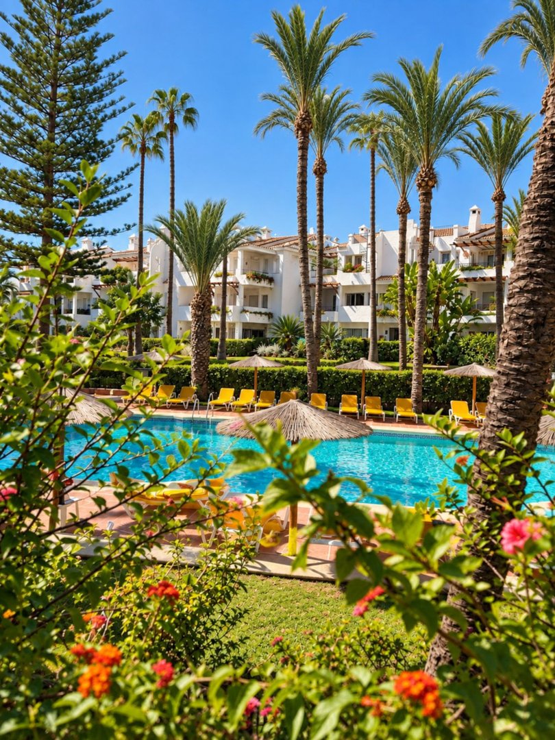 A beautiful swimming pool area with palm trees, sun loungers, and flowers in a resort complex.