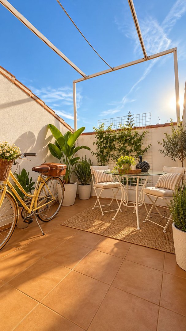 Sunny terrace with a small dining set, plants, and a bicycle, perfect for outdoor relaxation.