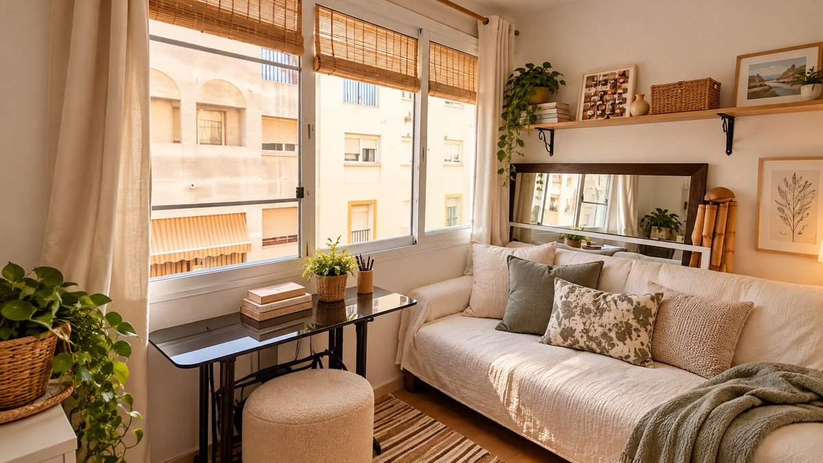 Cozy living room with a cream sofa, city view through the window, natural decor elements, and plants.