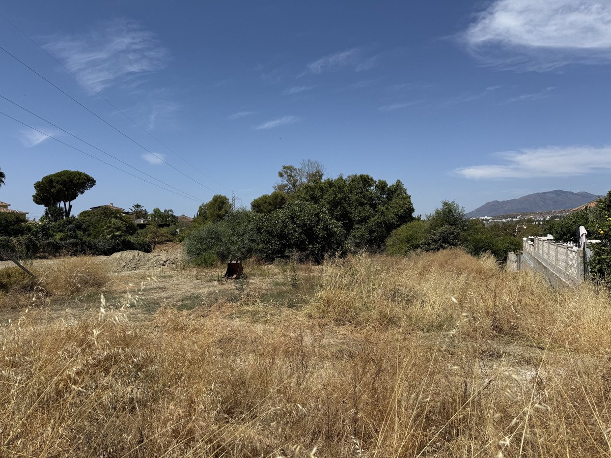 A dry grassy field with trees, houses, and mountains in the background under a blue sky.