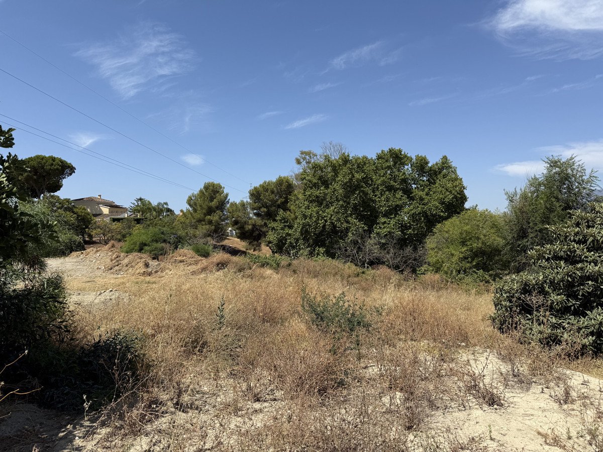 A view of undeveloped land with dry grass, trees, and a distant house under a blue sky.