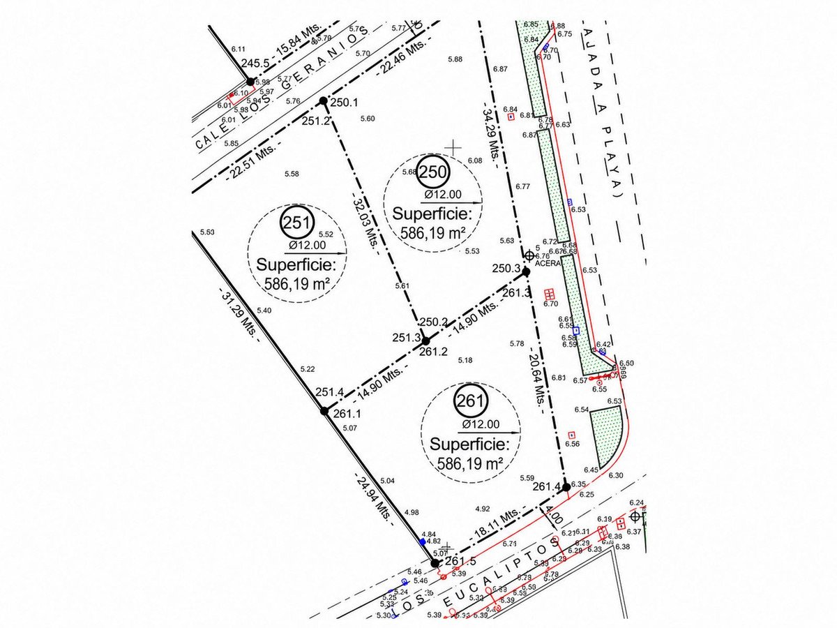 A property map showing lot boundaries, measurements, and areas with street names indicated. Includes lot numbers like 250, 251, and 261.