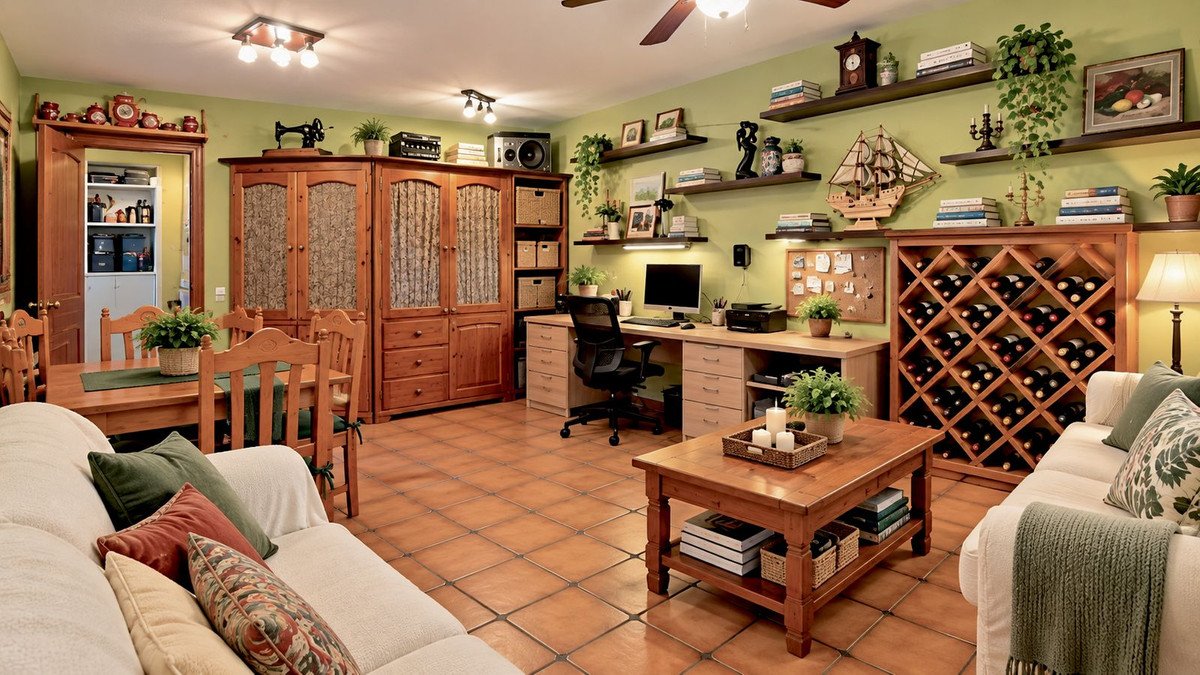Spacious room with dining area, home office desk, wine rack, and comfortable seating.