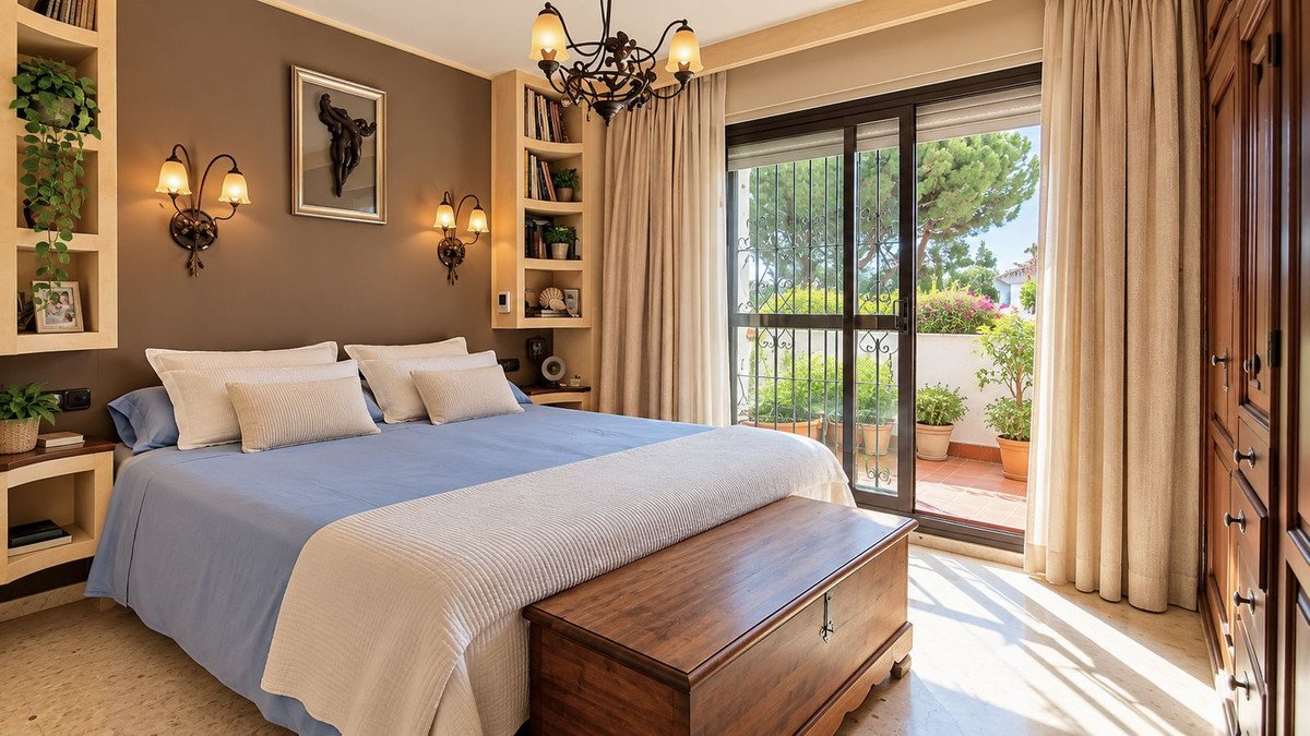 Cozy bedroom with a large bed, built-in shelves, and glass doors opening to a sunny terrace with plants.