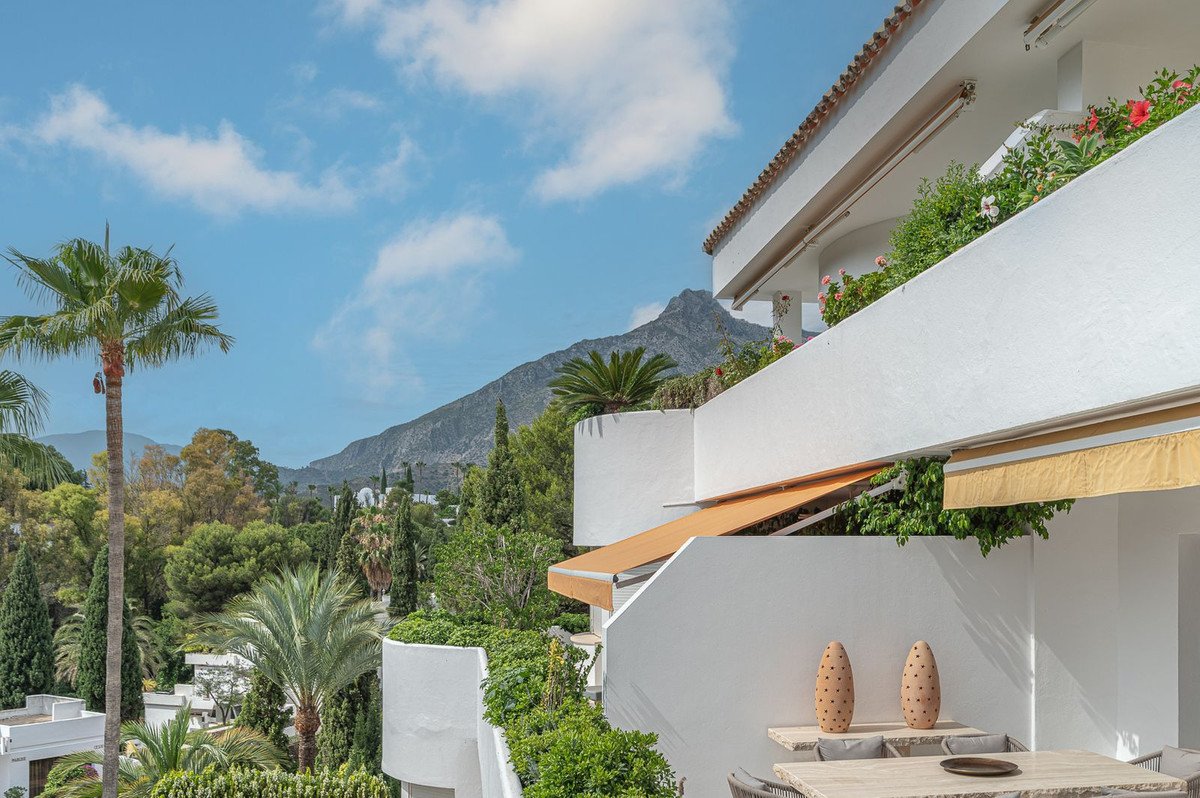 A sunny balcony with mountain and lush green tropical foliage views, featuring palm trees and flowering plants.