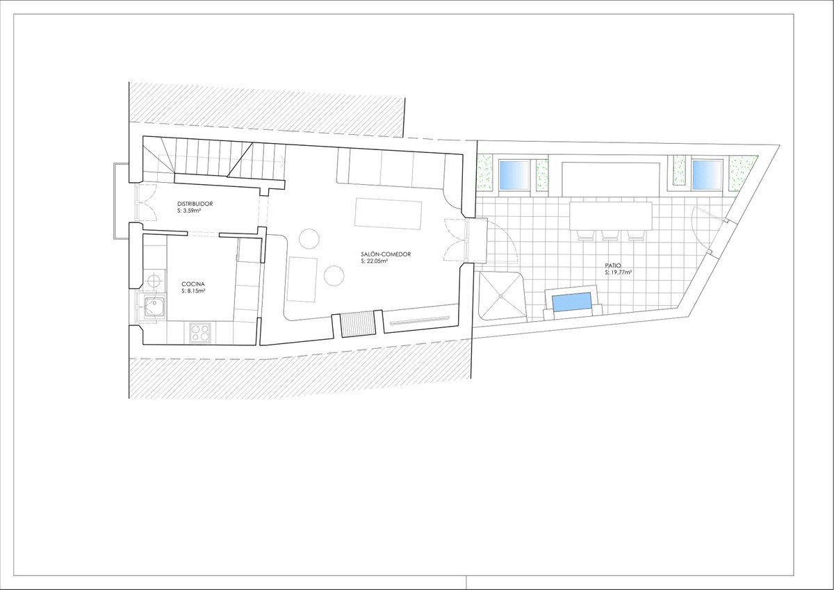 Floor plan showing a kitchen, living-dining area, distributor, and a patio with seating and a small pool.