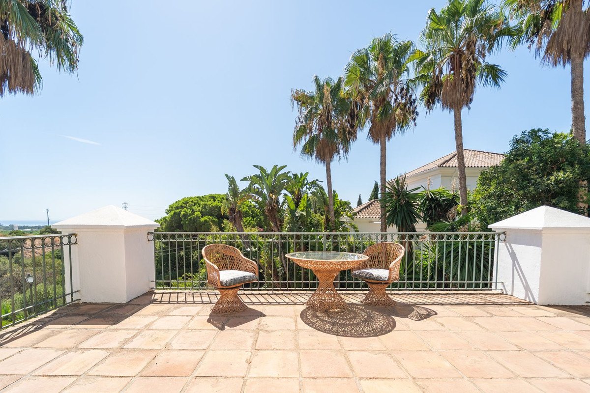 Terrace with rattan chairs and table overlooking palm trees and distant sea on a sunny day.