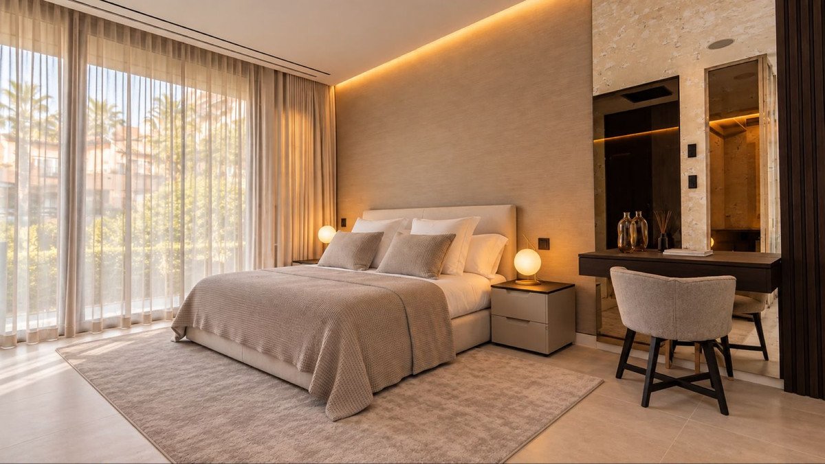 Spacious bedroom with a king-size bed, large sheer curtains revealing greenery, and a modern vanity area with a chair.