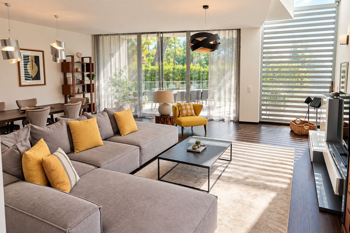 Modern living room with a large sectional sofa, coffee table, and floor-to-ceiling windows showing an outdoor patio and greenery.